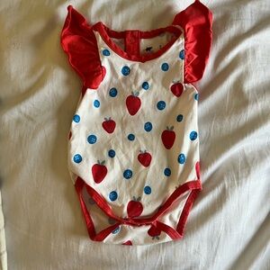 Red & White Strawberry/blueberry Print Flutter-Sleeve One-Piece